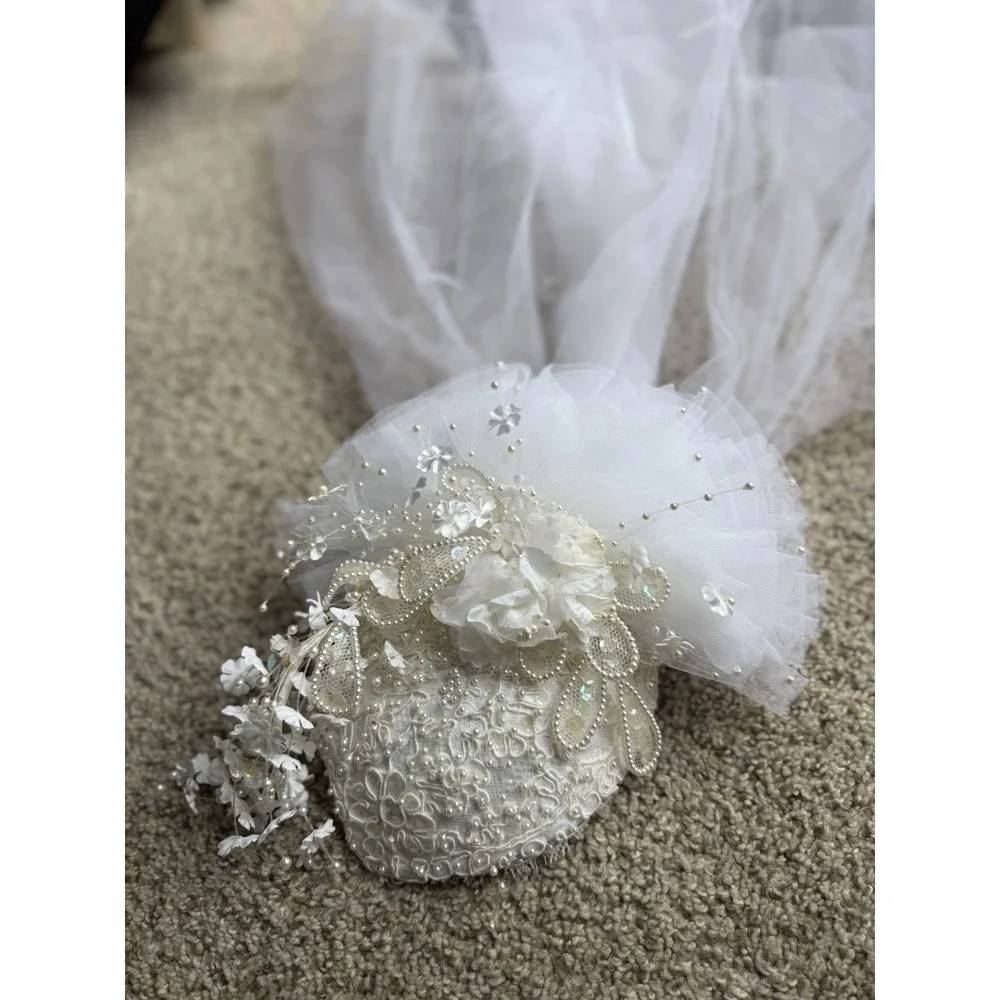 Vintage bohemian Bridal Hat Veil White Lace Beaded Floral Wedding 30